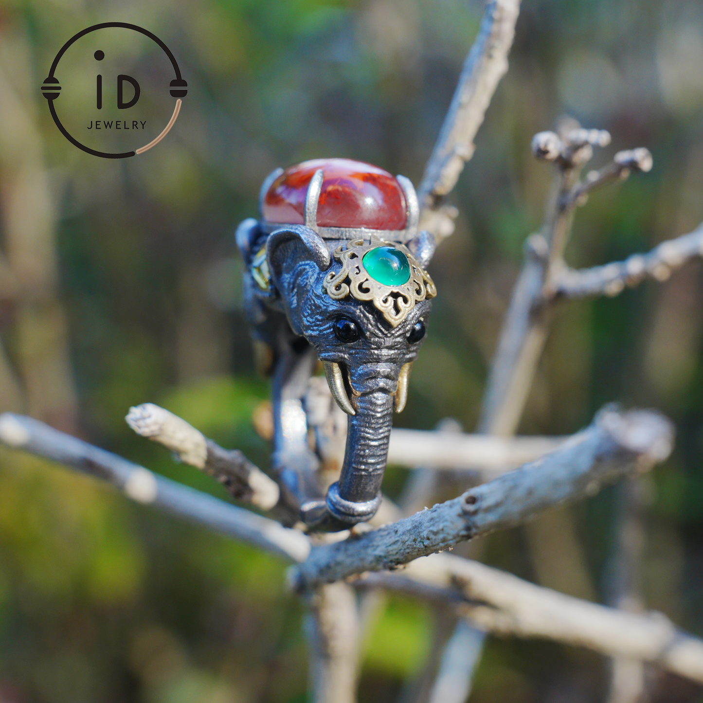 Adjustable Elephant Ring in 925 Sterling Silver with Red Agate and Green Stones, Totem Style Animal Symbol Jewelry, Spiritual Gift for Her
