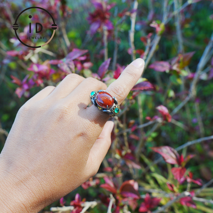 Adjustable Elephant Ring in 925 Sterling Silver with Red Agate and Green Stones, Totem Style Animal Symbol Jewelry, Spiritual Gift for Her