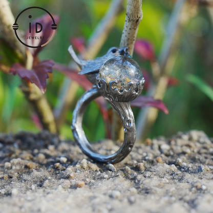 Adjustable 925 Silver Bird Ring with Crystal Sphere and Green Bead in Fairy Nature Style, Meaningful Gift for Nature Lovers