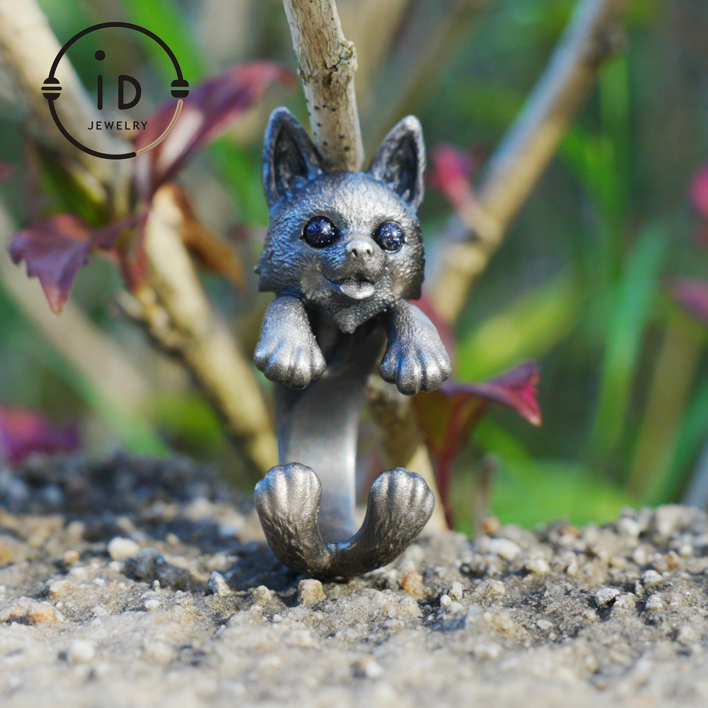 Adjustable dog ring in 925 silver with onyx, oxidized gothic style, animal totem jewelry gift for her or dog lovers