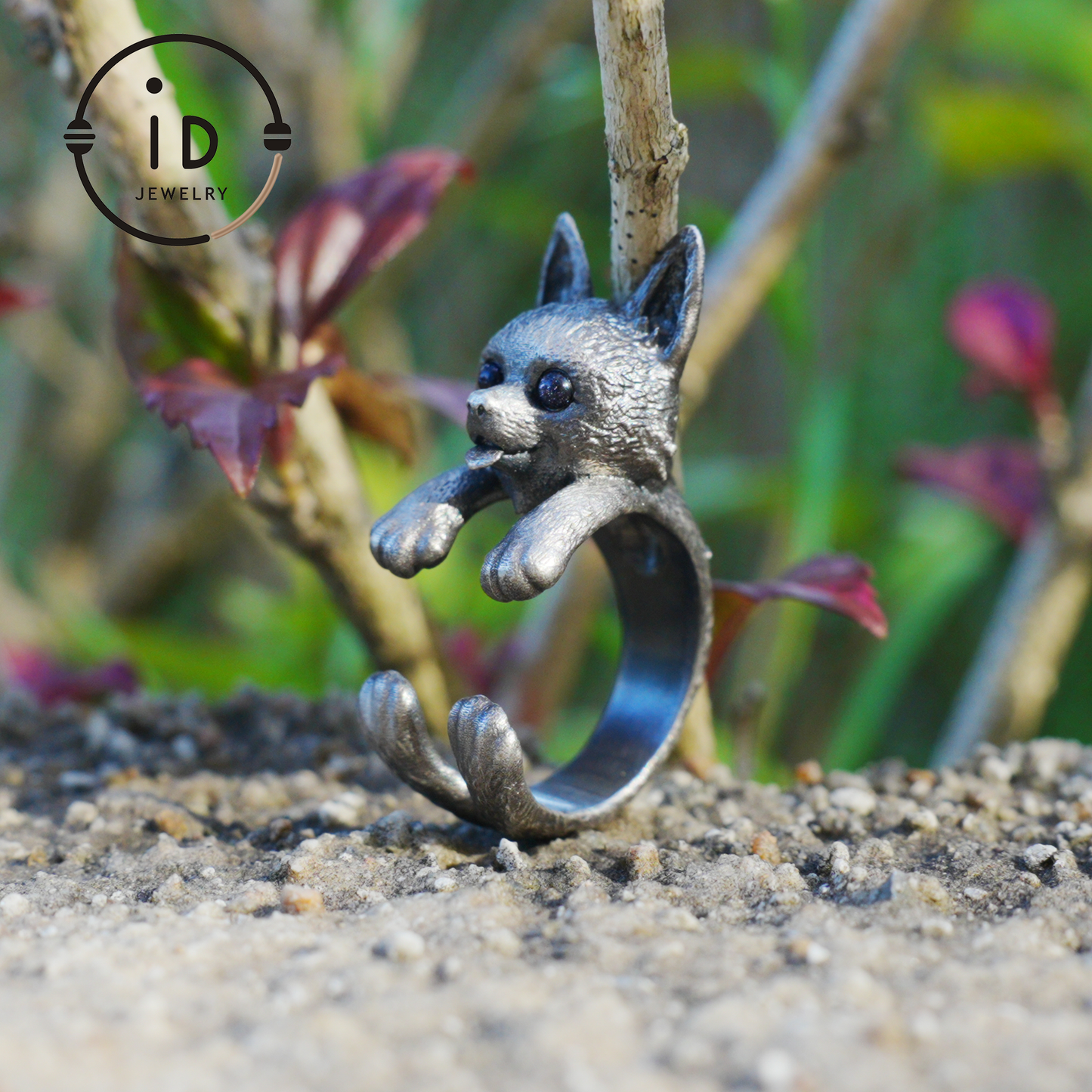 Adjustable dog ring in 925 silver with onyx, oxidized gothic style, animal totem jewelry gift for her or dog lovers