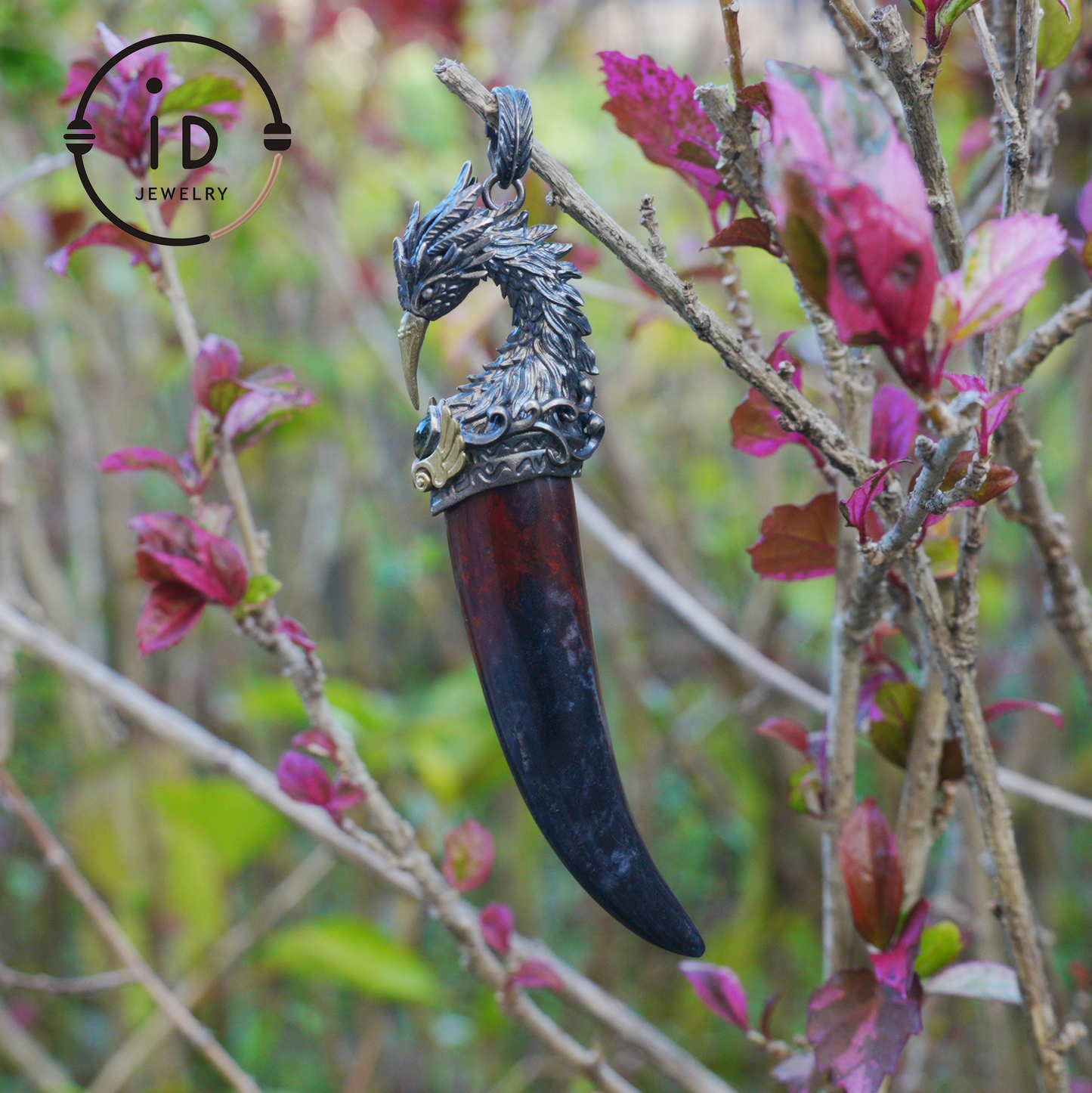 Blood Jasper Pendant with Carved Phoenix Head in 925 Sterling Silver & Bronze, Totem Talisman Necklace, Gothic Mythology Gift for Men Women