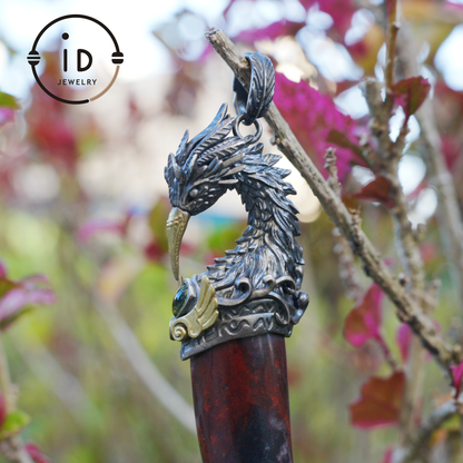 Blood Jasper Pendant with Carved Phoenix Head in 925 Sterling Silver & Bronze, Totem Talisman Necklace, Gothic Mythology Gift for Men Women