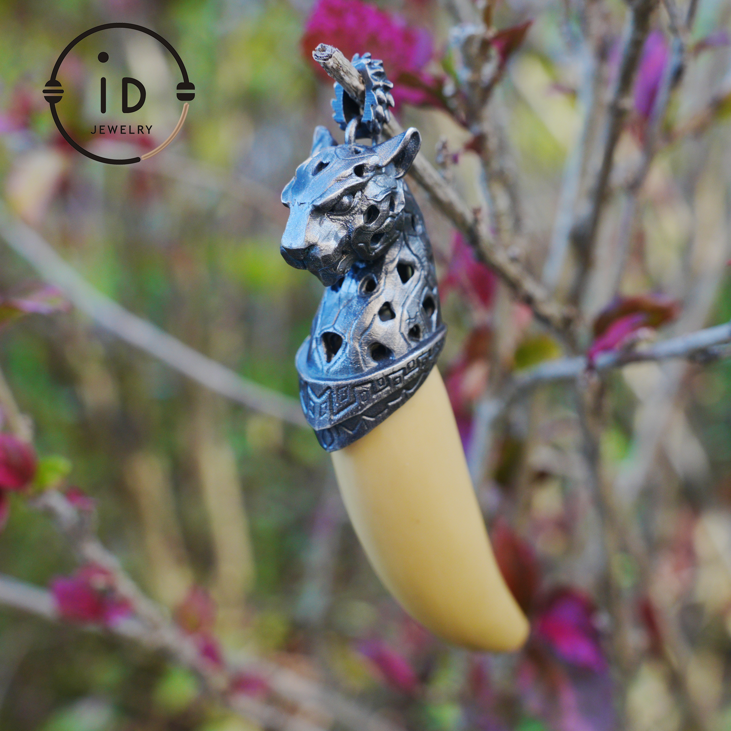 Pendant with tiger tooth design made of gold jade and 925 silver, handmade gothic talisman for men, Christmas gift idea