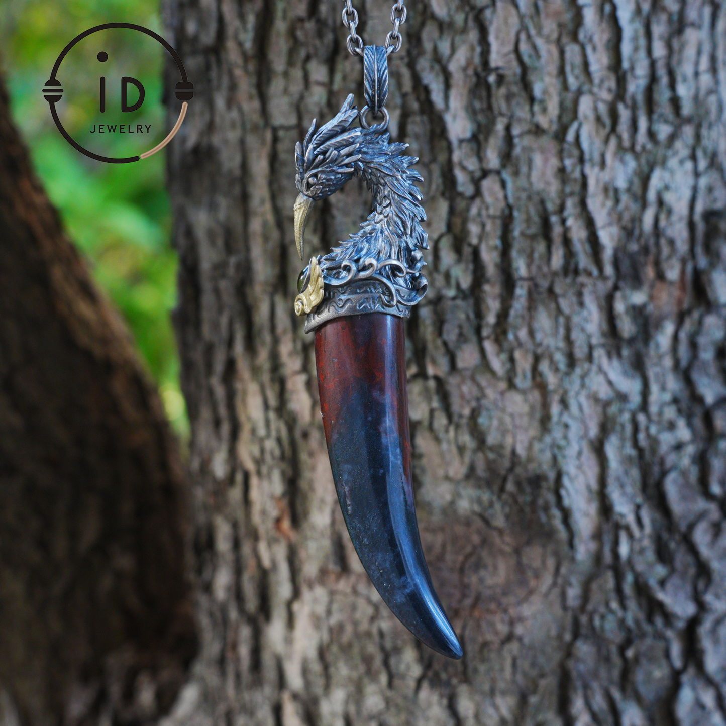 Blood Jasper Pendant with Carved Phoenix Head in 925 Sterling Silver & Bronze, Totem Talisman Necklace, Gothic Mythology Gift for Men Women