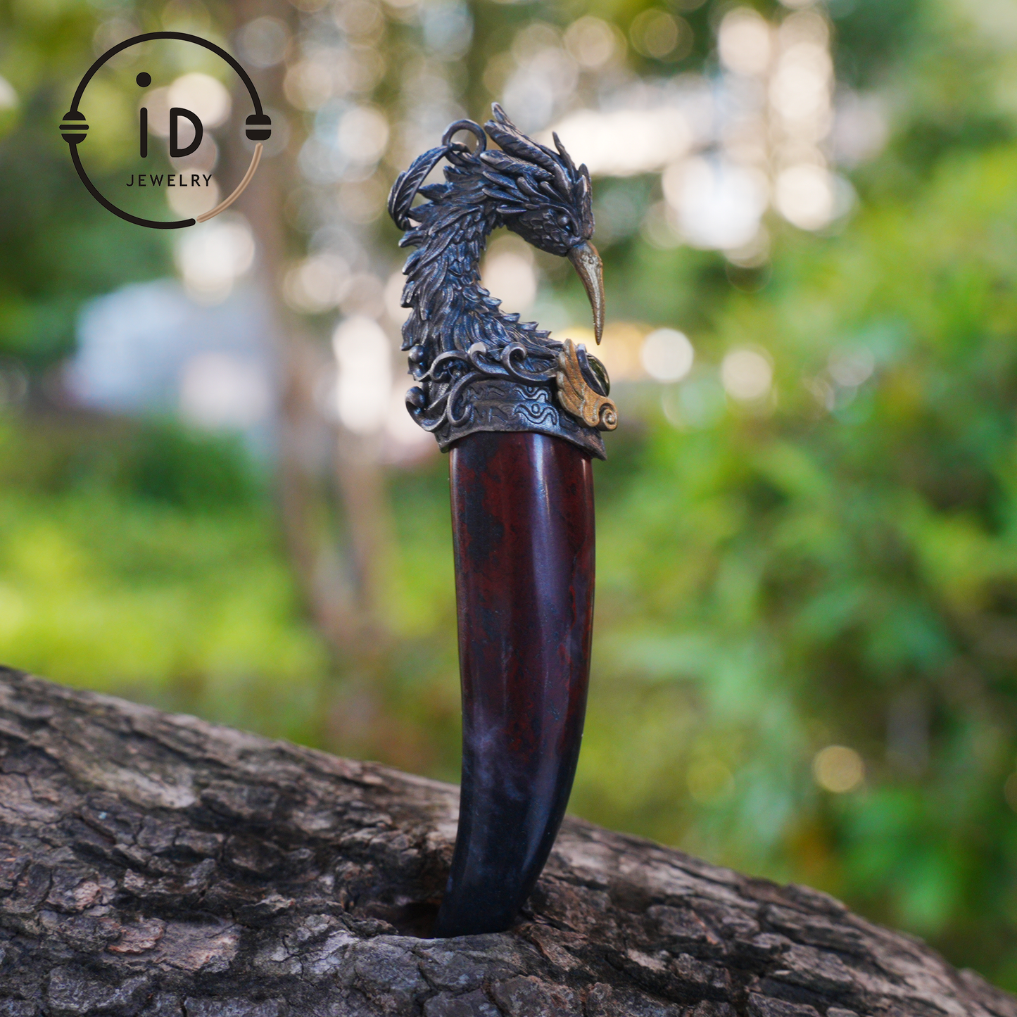 Blood Jasper Pendant with Carved Phoenix Head in 925 Sterling Silver & Bronze, Totem Talisman Necklace, Gothic Mythology Gift for Men Women