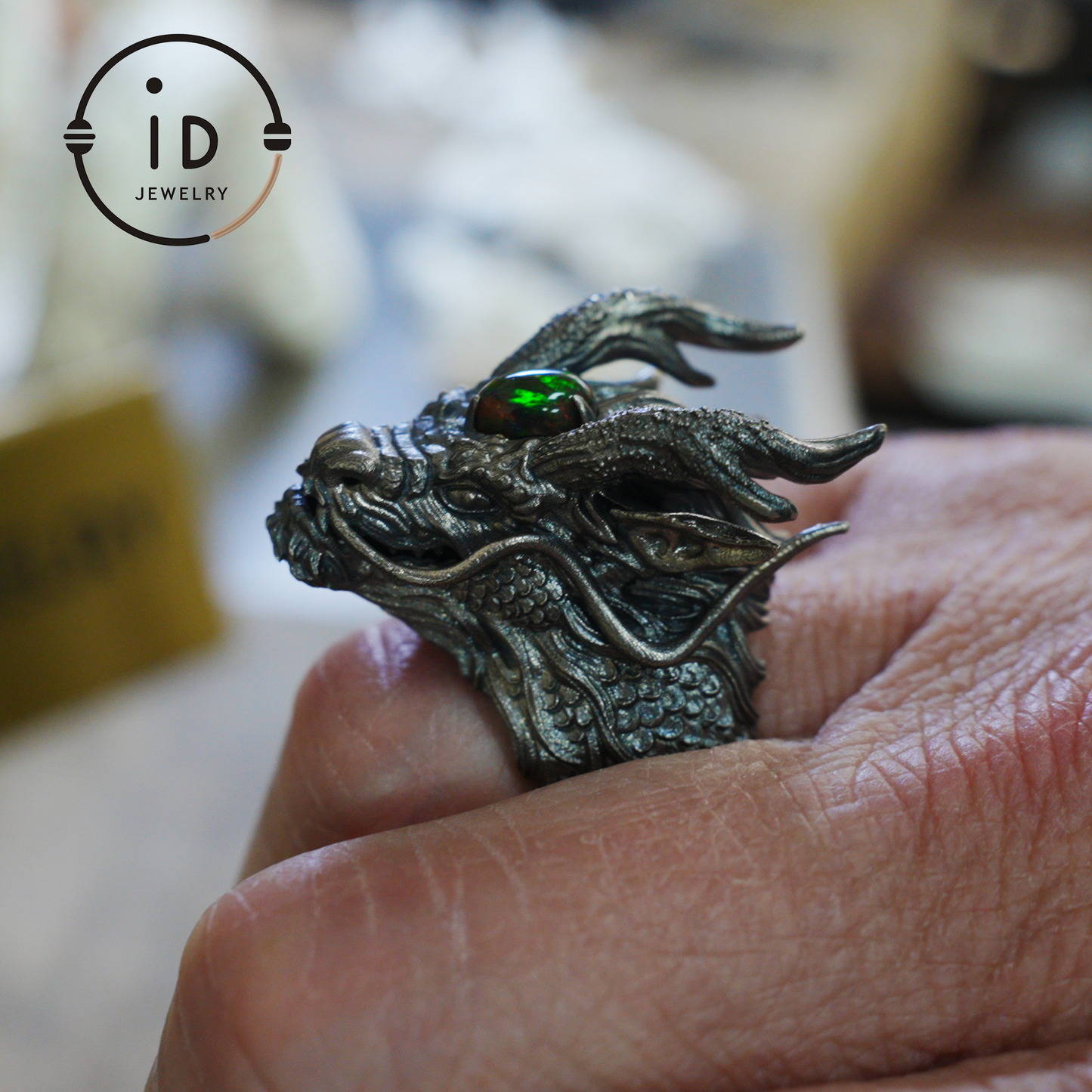 Handcrafted Dragon Ring with Green Opal, Adjustable 925 Silver, Oxidized, Gothic Totem Jewelry, Mystical Style, Gift for Him