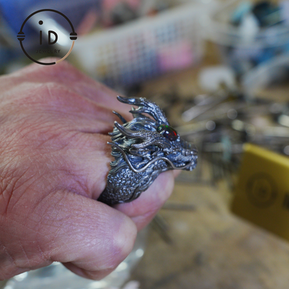 Handcrafted Dragon Ring with Green Opal, Adjustable 925 Silver, Oxidized, Gothic Totem Jewelry, Mystical Style, Gift for Him