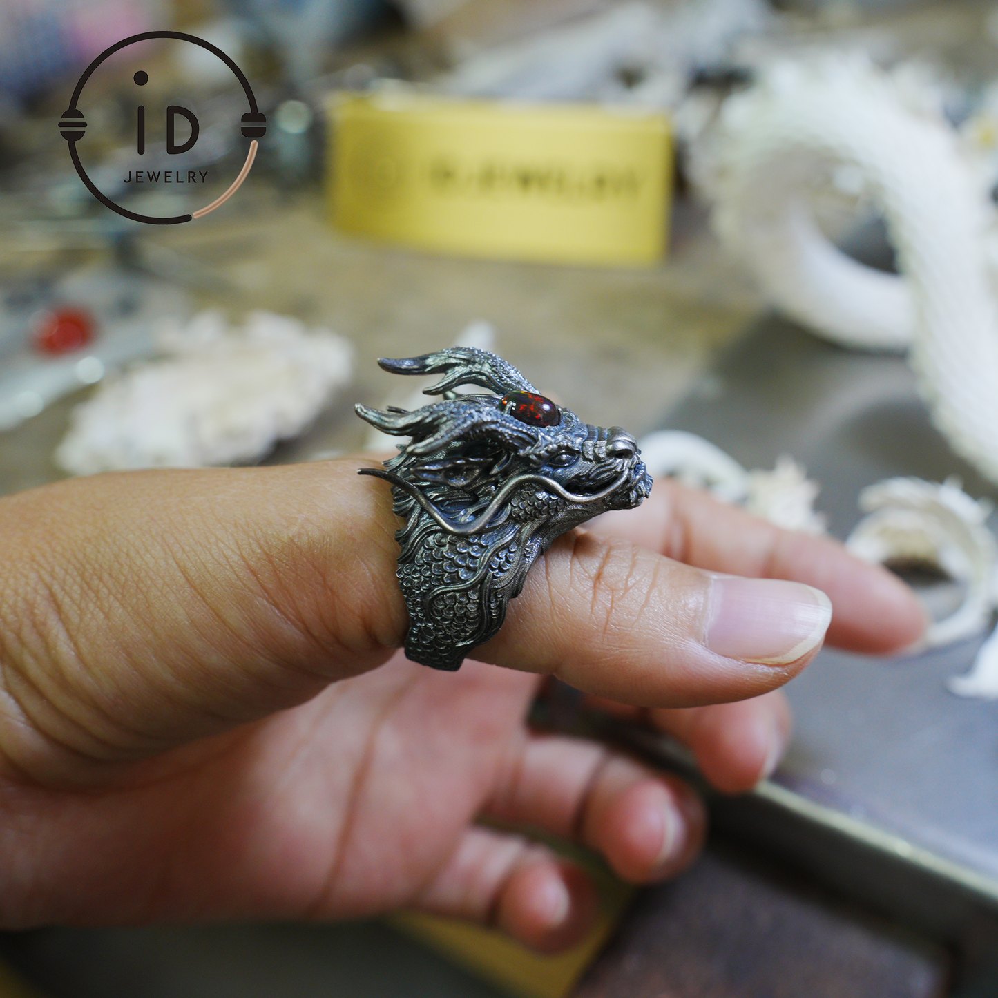 Handcrafted Dragon Ring with Green Opal, Adjustable 925 Silver, Oxidized, Gothic Totem Jewelry, Mystical Style, Gift for Him