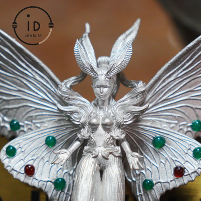 Handcrafted pendant with chrysoprase and red agate, matte 925 silver, gothic figurative design, mystical style, gift for her