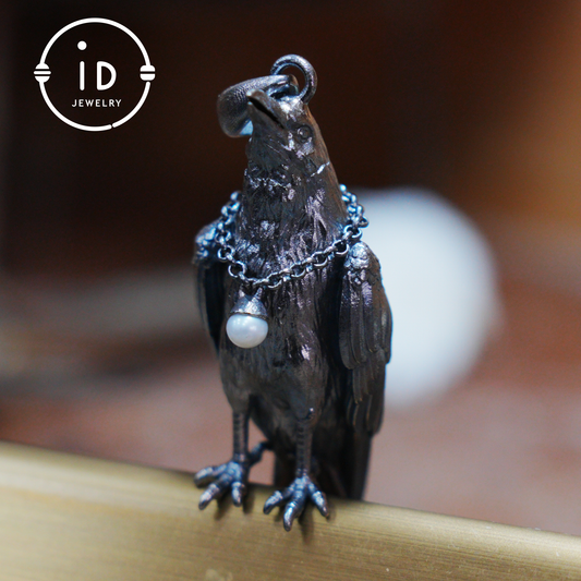 Handmade Raven Pendant with Freshwater Pearl, Oxidized 925 Silver, Gothic Animal Jewelry, Symbolic Necklace, Gift for Her