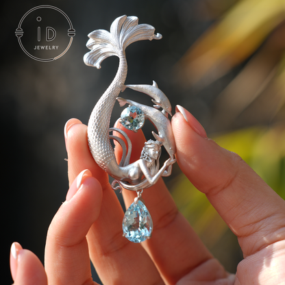 Dreamy Ocean Mermaid Pendant - 925 Silver with Aquamarine | Handcrafted Fantasy Jewelry