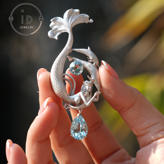 Dreamy Ocean Mermaid Pendant - 925 Silver with Aquamarine | Handcrafted Fantasy Jewelry