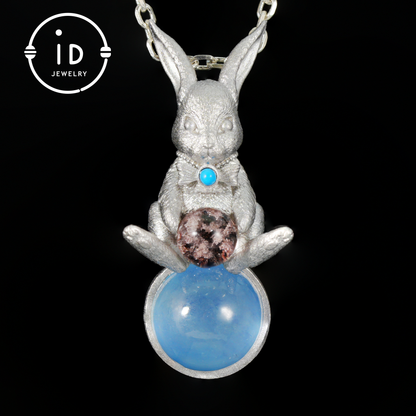 Mondhasen-Anhänger mit rotem Achat und Geisterstein | Frühlingstotem-Talisman-Schmuck | Handgemachte Fantasy-Waldhasen-Halskette