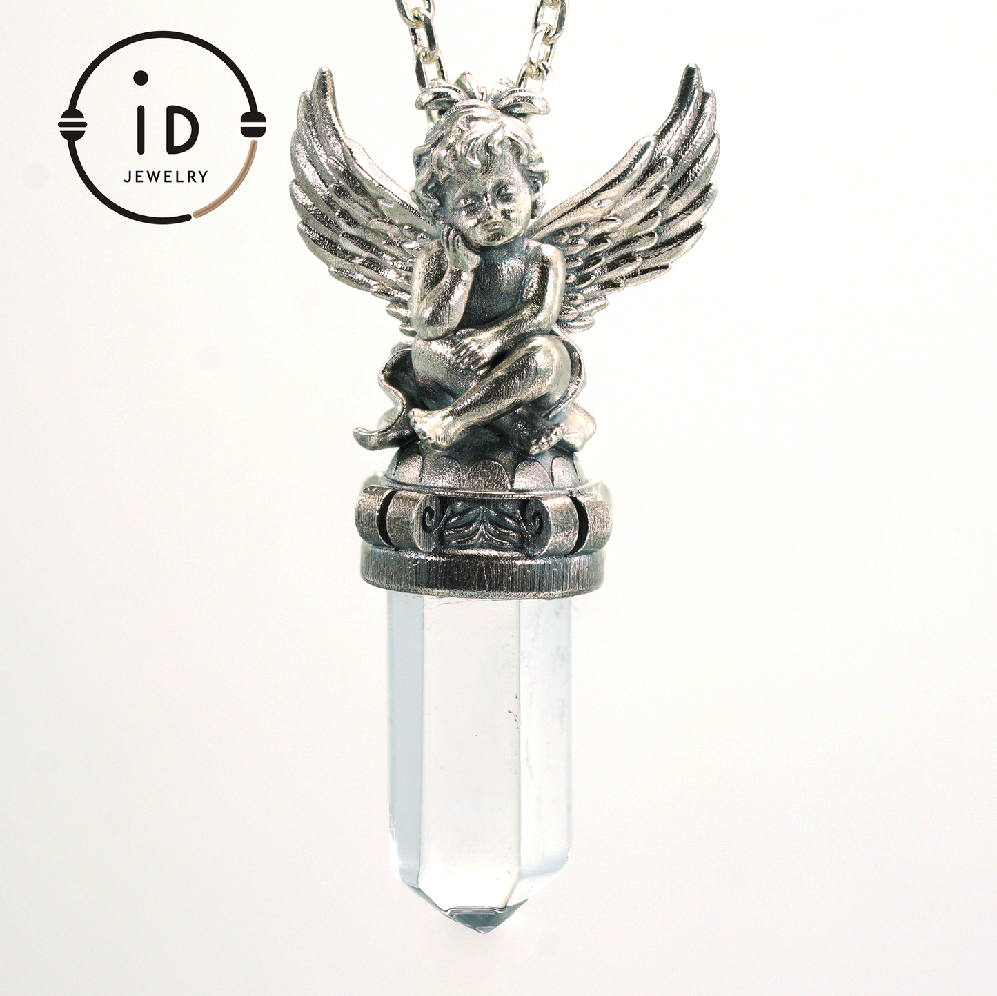 Gothic pendant with clear quartz crystal in 925 sterling silver, winged seated figure in vintage style, spiritual necklace gift for women