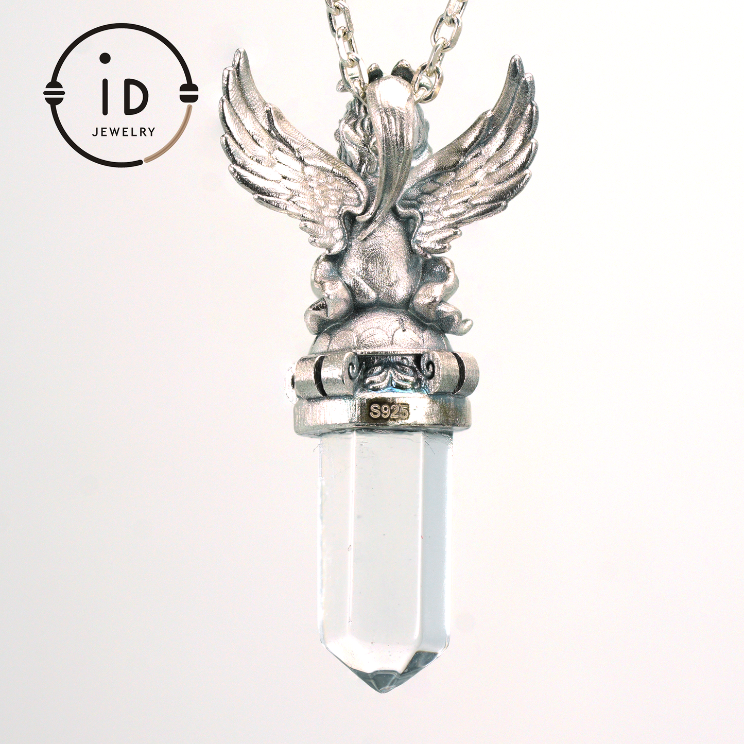 Gothic pendant with clear quartz crystal in 925 sterling silver, winged seated figure in vintage style, spiritual necklace gift for women