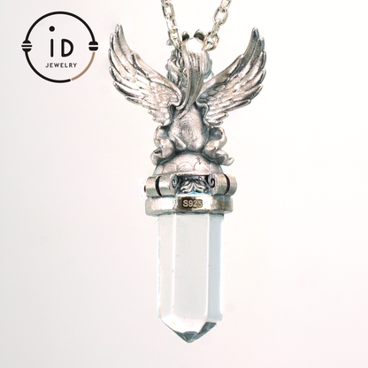 Gothic pendant with clear quartz crystal in 925 sterling silver, winged seated figure in vintage style, spiritual necklace gift for women