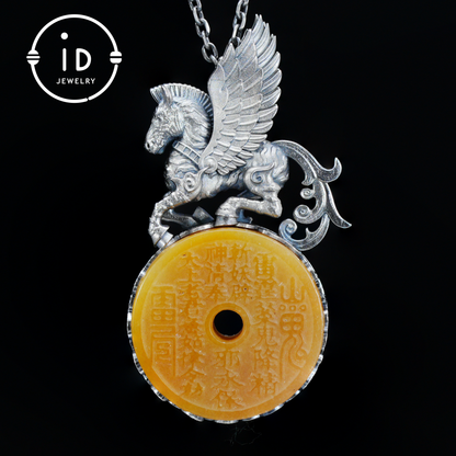 925 Silver Winged Horse Pendant with Yellow Jade and Chinese Calligraphy, Unique Chinese Design, Symbol of Freedom, Perfect Gift for Her