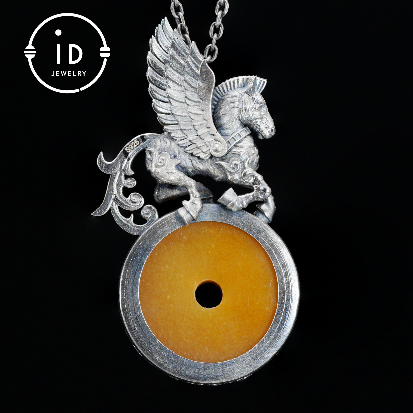 925 Silver Winged Horse Pendant with Yellow Jade and Chinese Calligraphy, Unique Chinese Design, Symbol of Freedom, Perfect Gift for Her