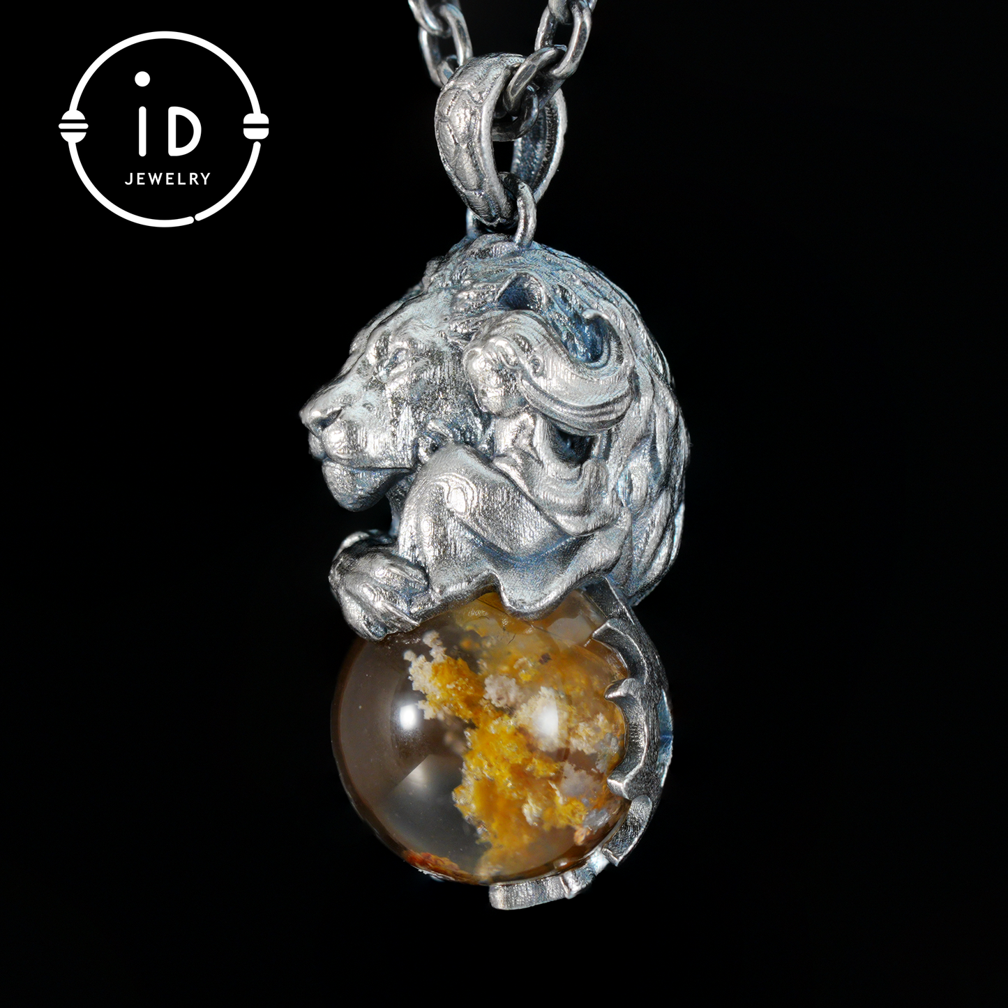 Totem Pendant in 925 Sterling Silver with Lion and Girl Figure, Handmade Talisman with Phantom Quartz Stone, Unique Gift for Men