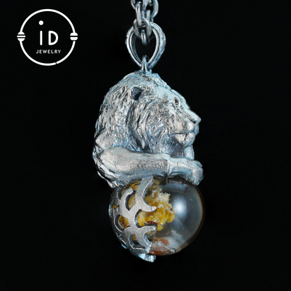 Totem Pendant in 925 Sterling Silver with Lion and Girl Figure, Handmade Talisman with Phantom Quartz Stone, Unique Gift for Men