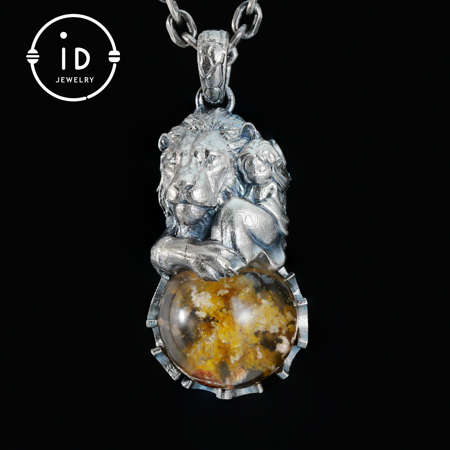 Totem Pendant in 925 Sterling Silver with Lion and Girl Figure, Handmade Talisman with Phantom Quartz Stone, Unique Gift for Men