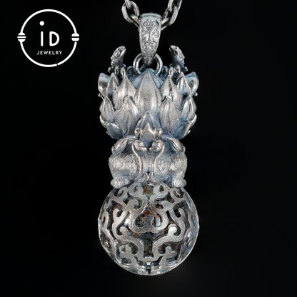 Totem Pendant with Phantom Quartz and Black Agate in 925 Silver, Handmade Fantasy Animal Jewelry in Gothic Vintage Style, Gift for Her