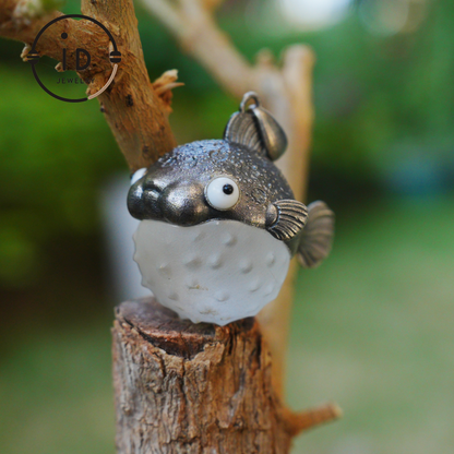 Pufferfish Pendant in White Crystal and 925 Silver, Oxidized, Animal Figurine Jewelry in Fairytale Style, Gift for Her or Decor