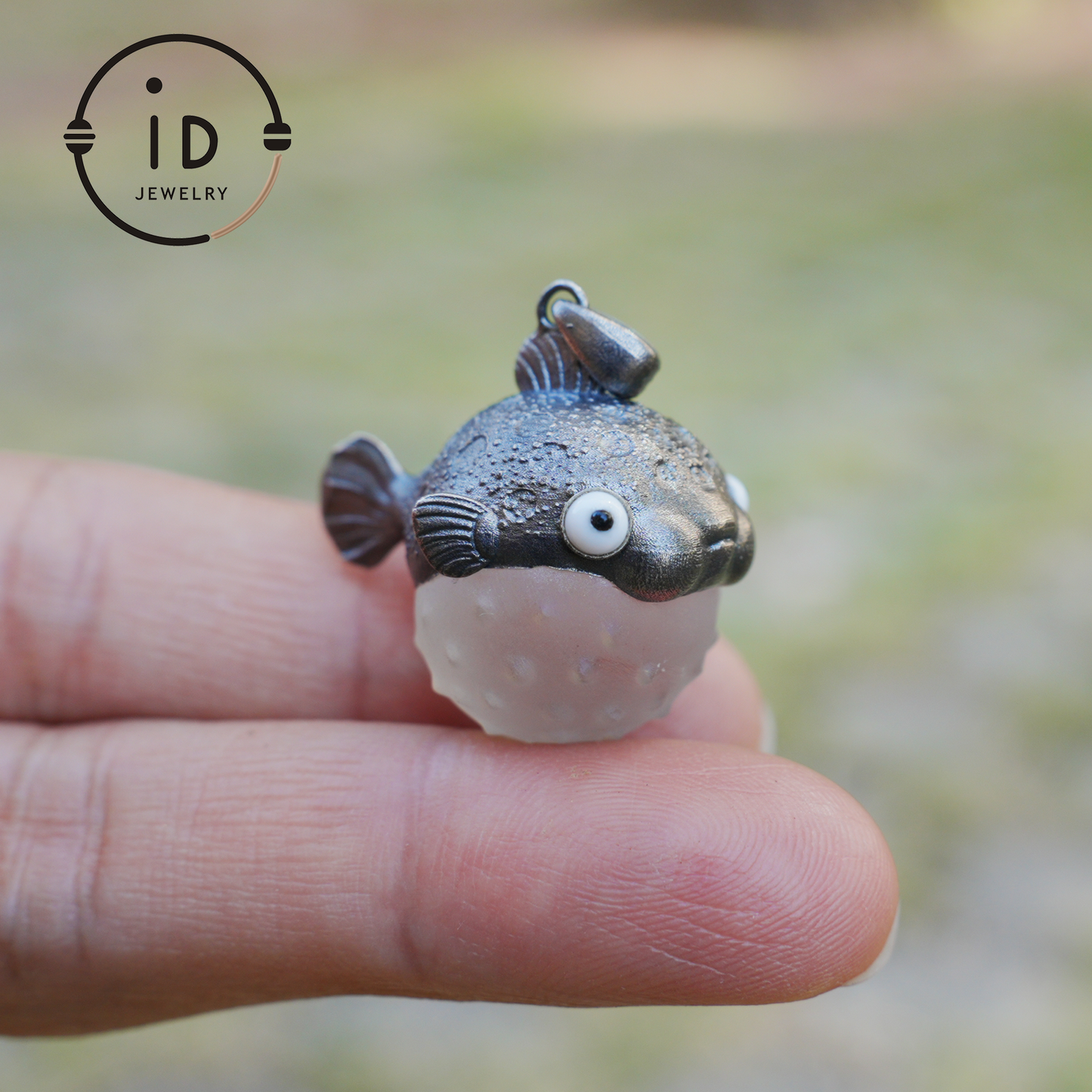 Pufferfish Pendant in White Crystal and 925 Silver, Oxidized, Animal Figurine Jewelry in Fairytale Style, Gift for Her or Decor