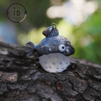 Pufferfish Pendant in White Crystal and 925 Silver, Oxidized, Animal Figurine Jewelry in Fairytale Style, Gift for Her or Decor