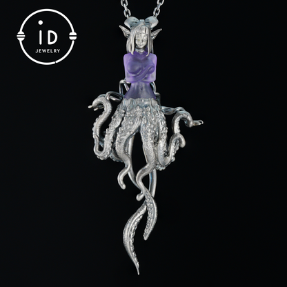 Large Amethyst Pendant in Oxidized 925 Silver with Tentacle Figure · Gothic Fantasy Style Necklace · Unique Halloween Jewelry Gift for Her
