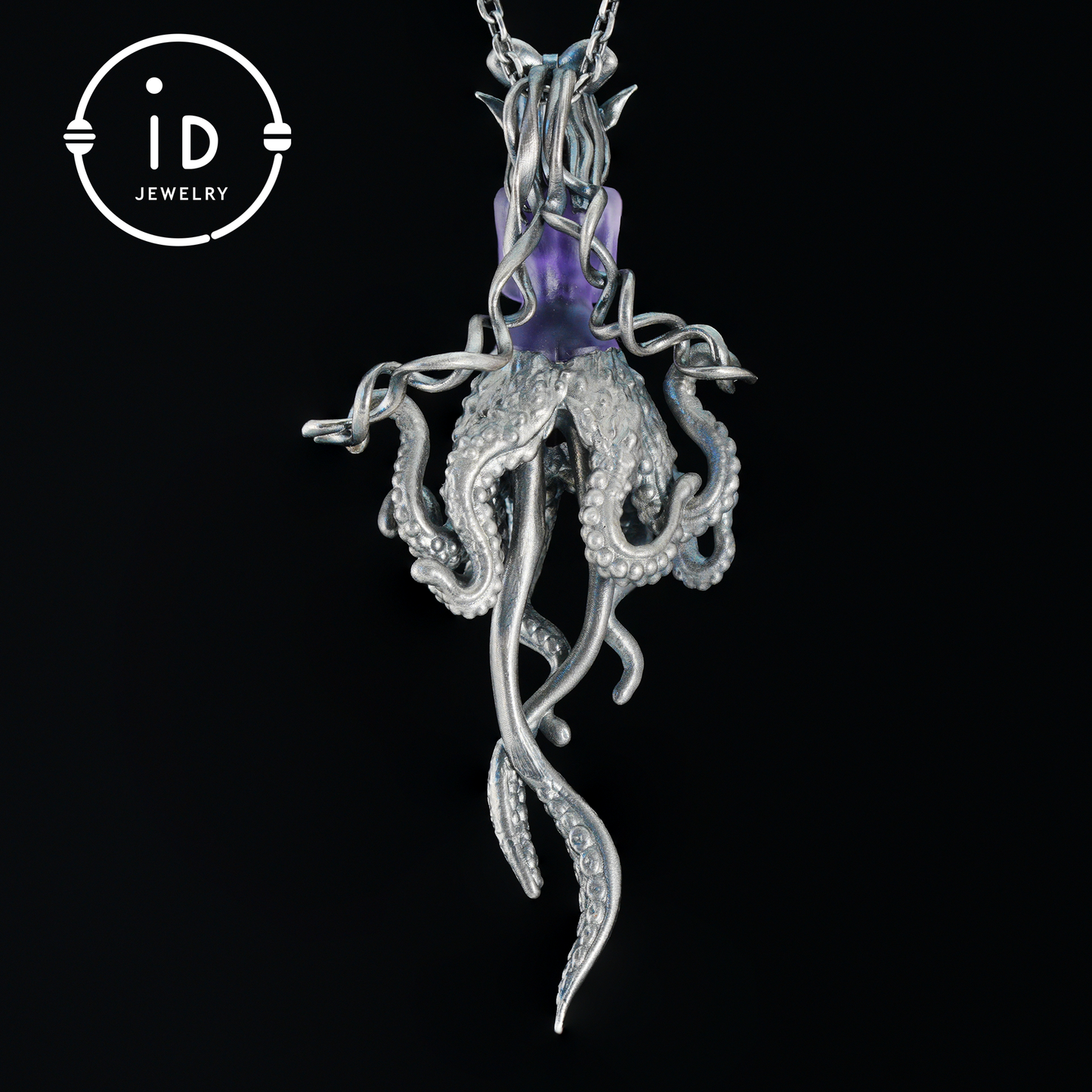 Large Amethyst Pendant in Oxidized 925 Silver with Tentacle Figure · Gothic Fantasy Style Necklace · Unique Halloween Jewelry Gift for Her