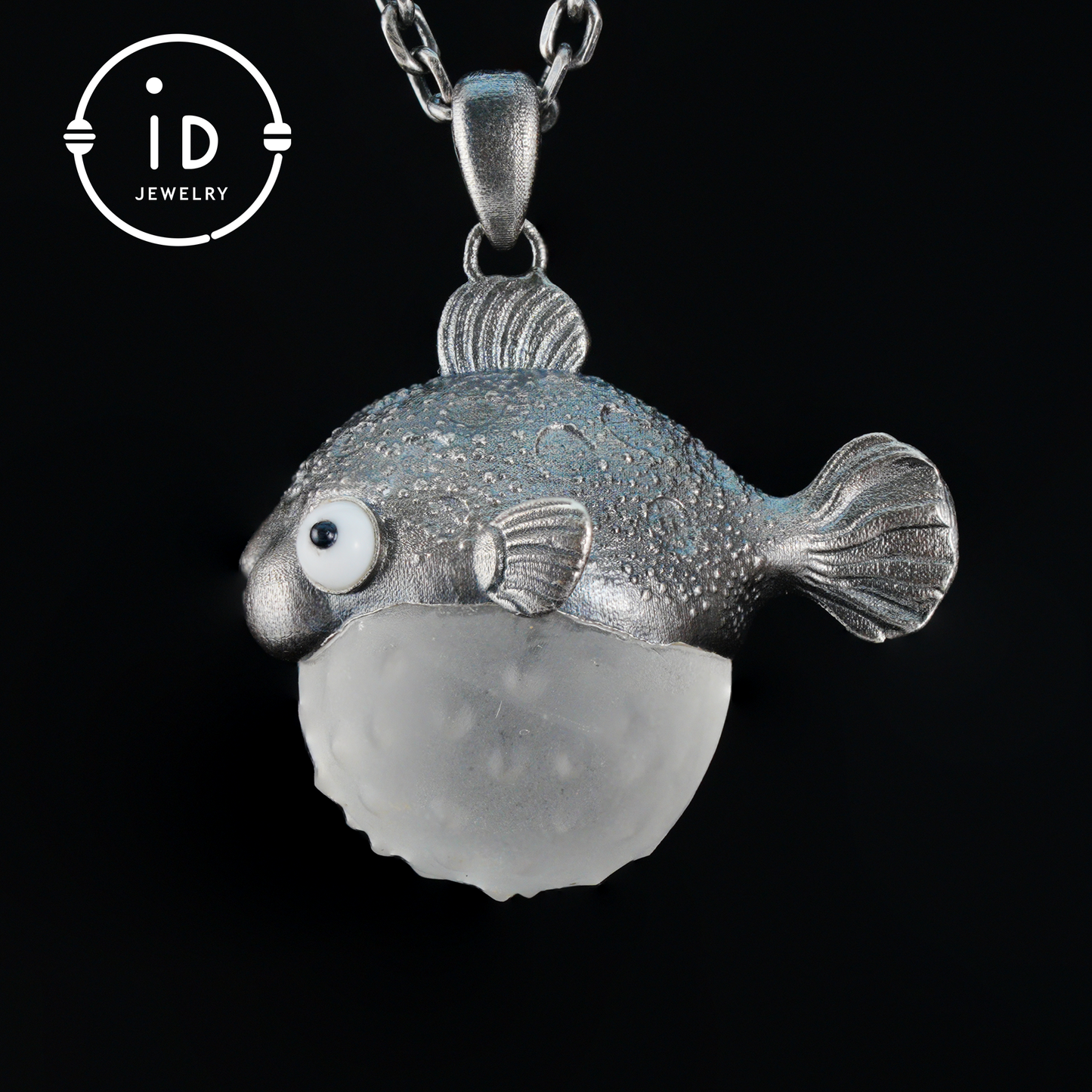 Pufferfish Pendant in White Crystal and 925 Silver, Oxidized, Animal Figurine Jewelry in Fairytale Style, Gift for Her or Decor