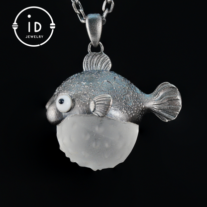 Pufferfish Pendant in White Crystal and 925 Silver, Oxidized, Animal Figurine Jewelry in Fairytale Style, Gift for Her or Decor