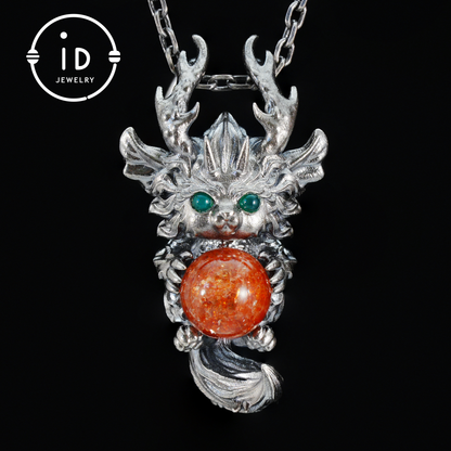 Silver Sunstone Pendant with Oxidized 925 Sterling, Fantasy Totem Necklace for Her, Vintage Gothic Jewelry, Christmas Birthday Gift, Large Gemstone Talisman