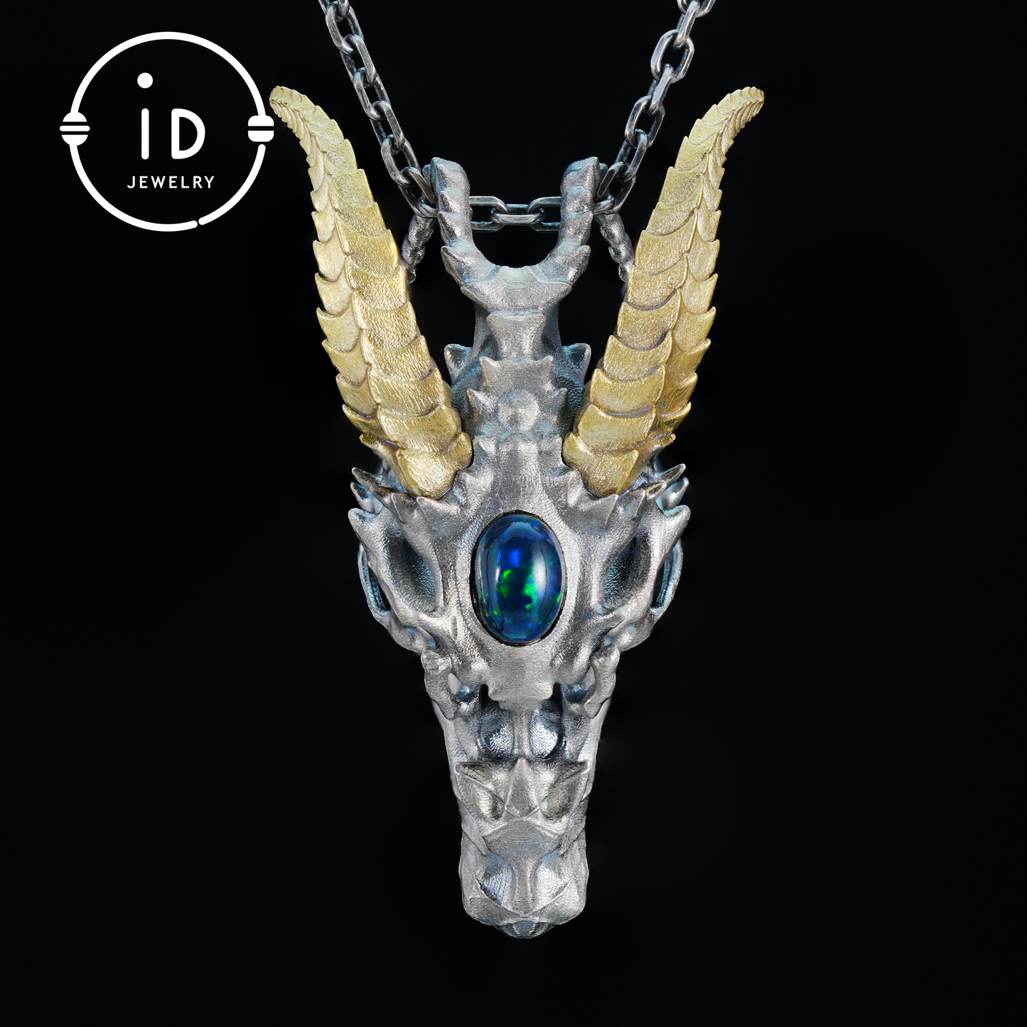 Sterling silver pendant with opal eye dragon head and golden horns in gothic totem style gift for him or fantasy lovers