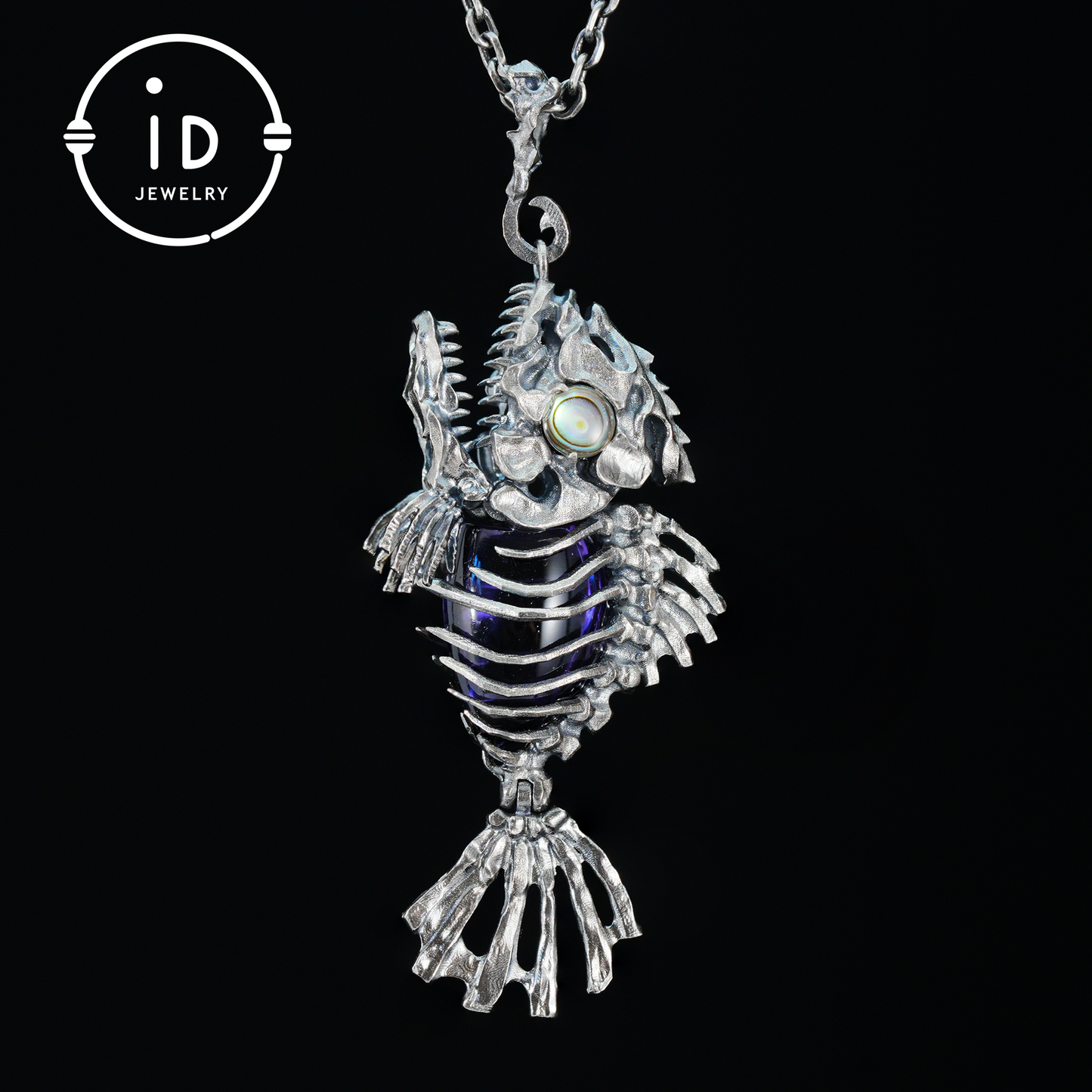Silver fishbone pendant with amethyst and abalone eye, gothic brooch totem jewelry for him, fantasy cosplay gift accessory