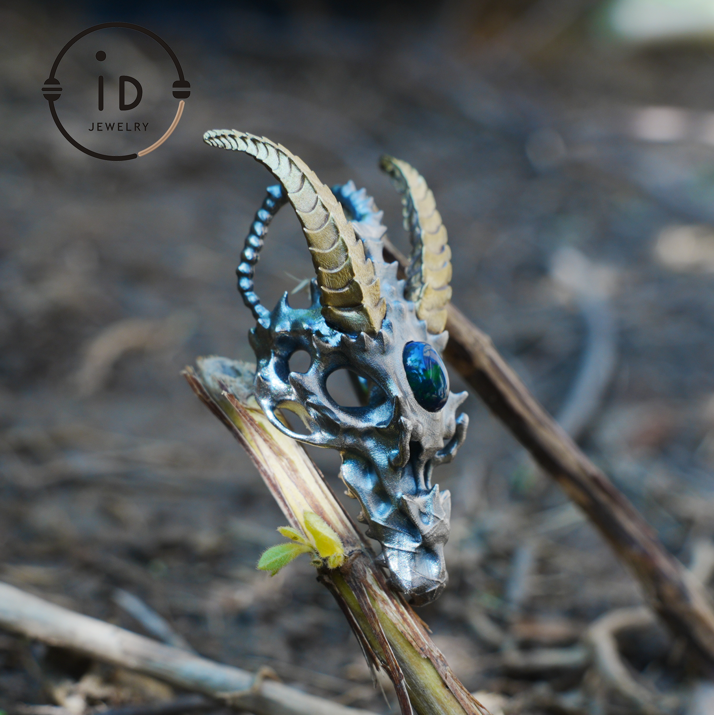 Sterling silver pendant with opal eye dragon head and golden horns in gothic totem style gift for him or fantasy lovers