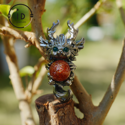 Silver Sunstone Pendant with Oxidized 925 Sterling, Fantasy Totem Necklace for Her, Vintage Gothic Jewelry, Christmas Birthday Gift, Large Gemstone Talisman