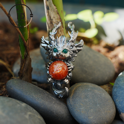 Silver Sunstone Pendant with Oxidized 925 Sterling, Fantasy Totem Necklace for Her, Vintage Gothic Jewelry, Christmas Birthday Gift, Large Gemstone Talisman