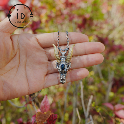 Sterling silver pendant with opal eye dragon head and golden horns in gothic totem style gift for him or fantasy lovers