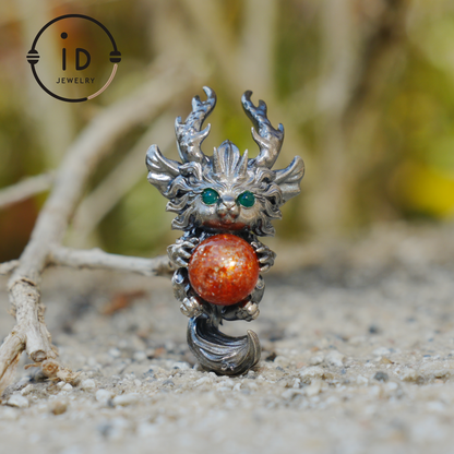 Silver Sunstone Pendant with Oxidized 925 Sterling, Fantasy Totem Necklace for Her, Vintage Gothic Jewelry, Christmas Birthday Gift, Large Gemstone Talisman