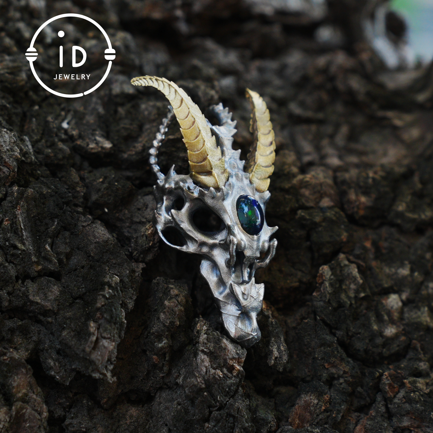 Sterling silver pendant with opal eye dragon head and golden horns in gothic totem style gift for him or fantasy lovers
