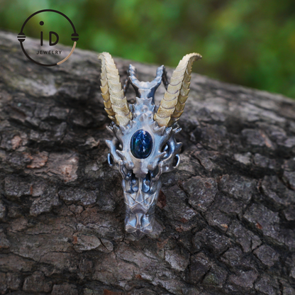 Sterling silver pendant with opal eye dragon head and golden horns in gothic totem style gift for him or fantasy lovers