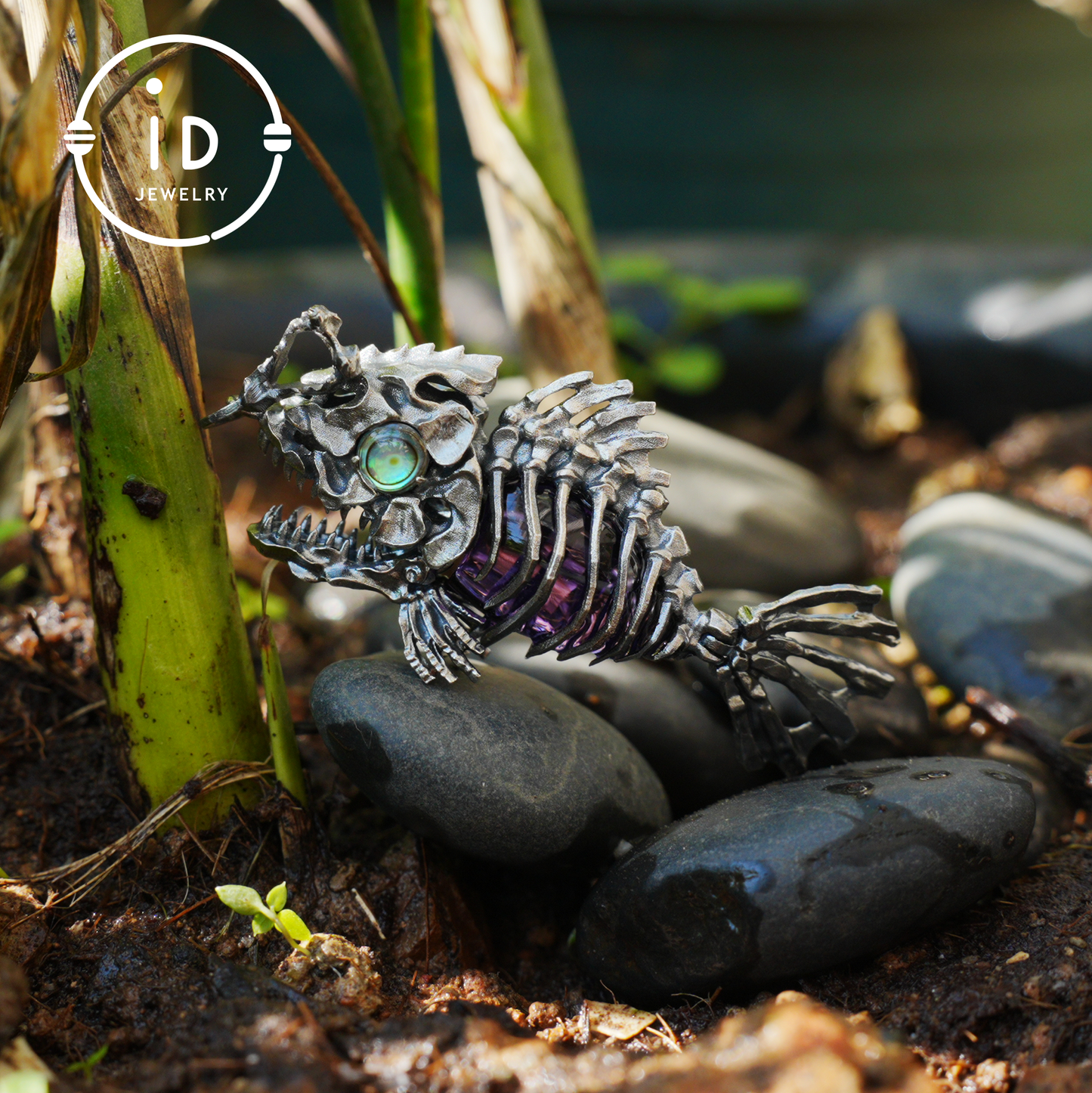 Silver fishbone pendant with amethyst and abalone eye, gothic brooch totem jewelry for him, fantasy cosplay gift accessory