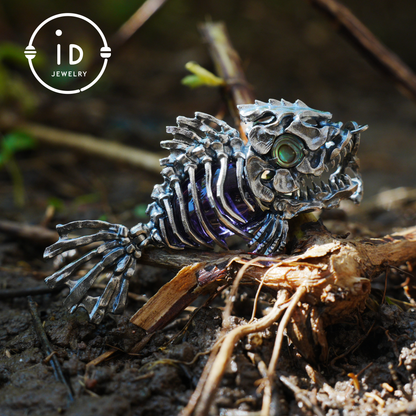 Silver fishbone pendant with amethyst and abalone eye, gothic brooch totem jewelry for him, fantasy cosplay gift accessory