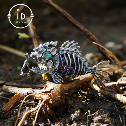 Silver fishbone pendant with amethyst and abalone eye, gothic brooch totem jewelry for him, fantasy cosplay gift accessory