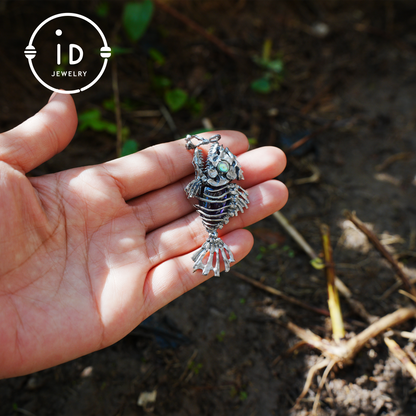 Silver fishbone pendant with amethyst and abalone eye, gothic brooch totem jewelry for him, fantasy cosplay gift accessory