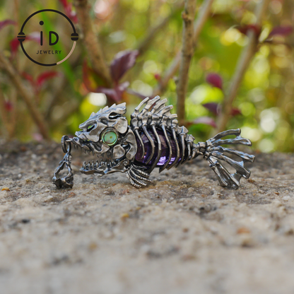 Silver fishbone pendant with amethyst and abalone eye, gothic brooch totem jewelry for him, fantasy cosplay gift accessory