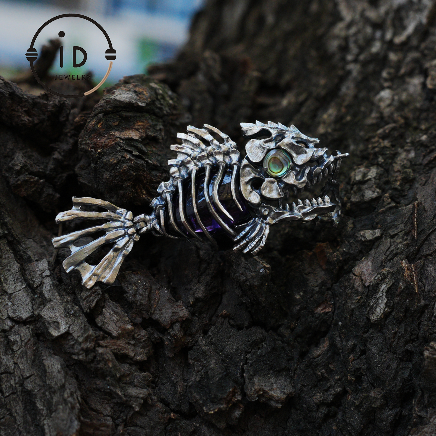 Silver fishbone pendant with amethyst and abalone eye, gothic brooch totem jewelry for him, fantasy cosplay gift accessory